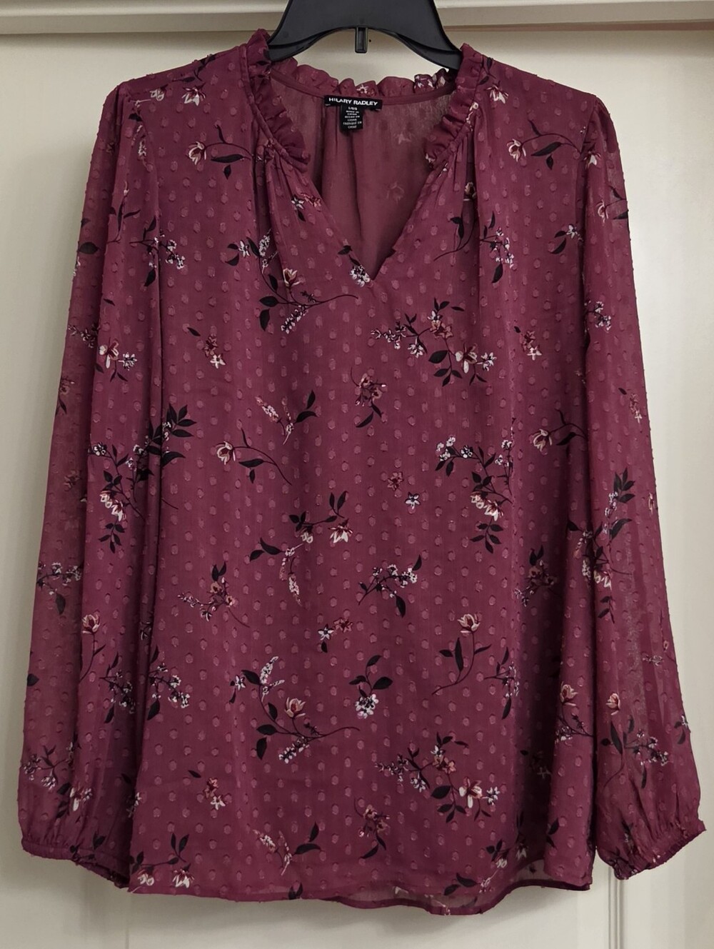 Hilary Radley Plum Floral V-Neck Long Sleeve Blouse